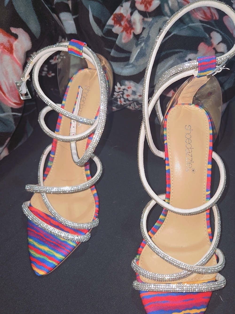 Shoe Dazzle Rainbow Strappy Rhinestone Pointed Heels